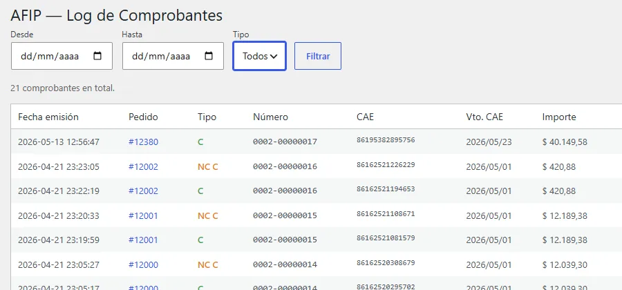 Captura de Factura Electrónica AFIP/ARCA para WooCommerce