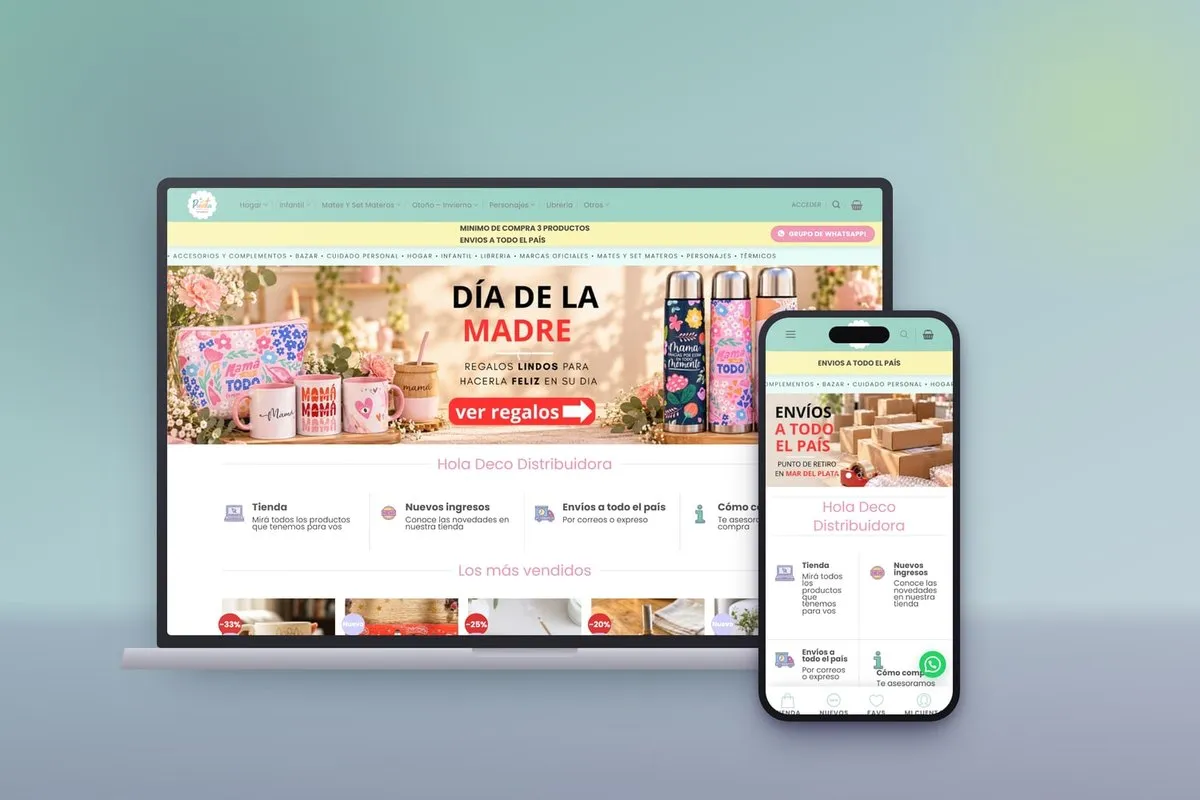 Tienda WooCommerce mayorista de Hola Deco Distribuidora en escritorio y celular